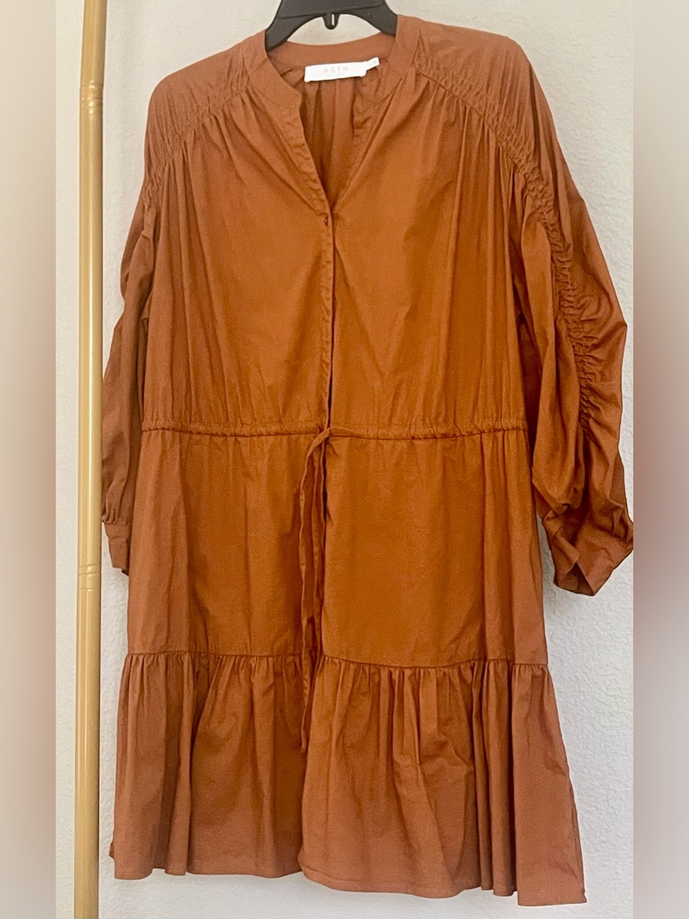 Astr Rust Button-Front Tiered Dress
